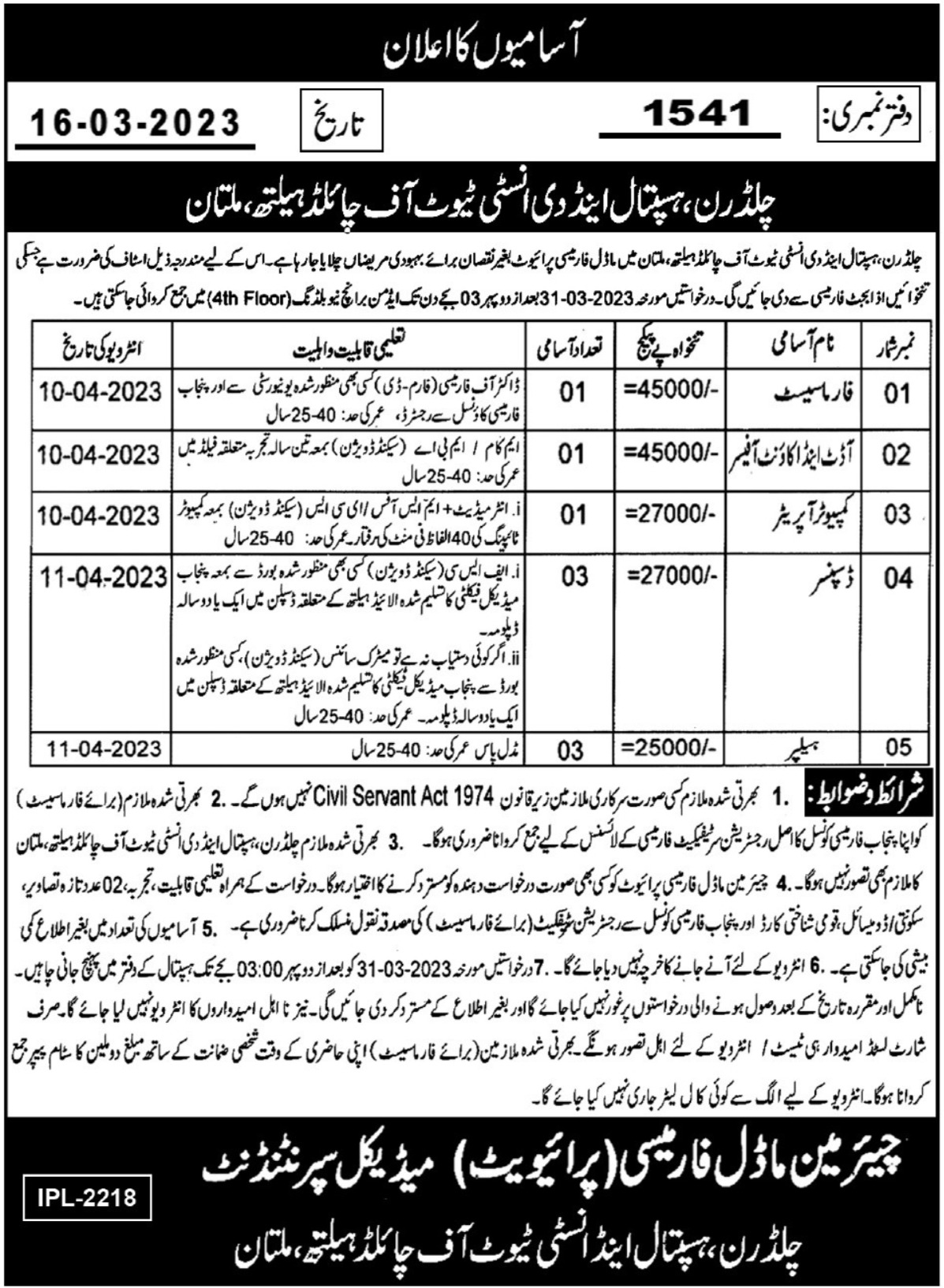 Latest Children Hospital & Institute of Child Health Management Posts Multan 2023