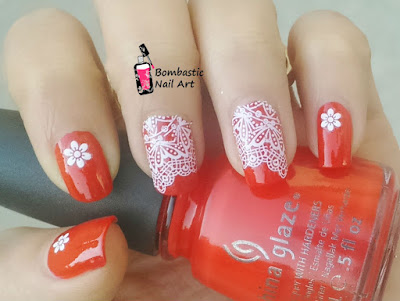 Red white lace nail art