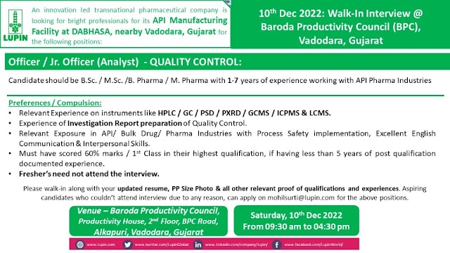 Lupin Pharma | Walk-in interview at Vadodara for Expd in QC on 10th December 2022