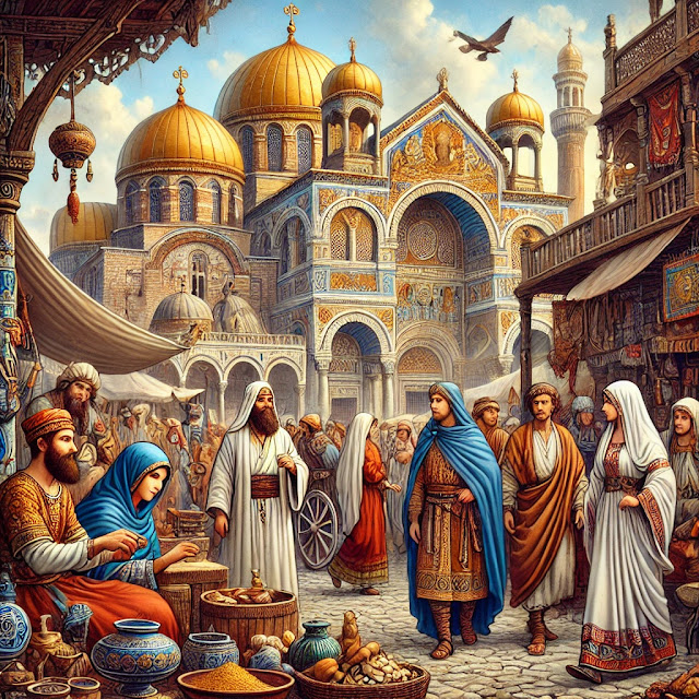 A detailed and vibrant illustration of daily life in the Byzantine Empire. The scene features a bustling street in Constantinople with a marketplaces
