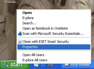 properties start menu