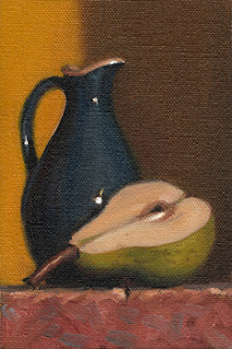 Still life oil painting of a blue sauce jug beside a pear half.