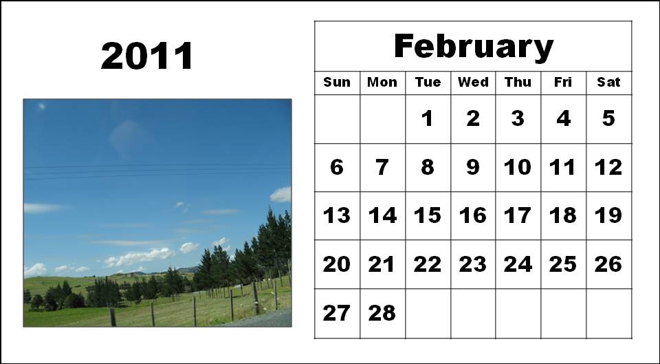 Printable February 2011 Calendar with big fonts and notes