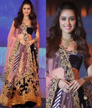 Shraddha Kapoor Blue & Pink Velvet Designer Lehenga Choli