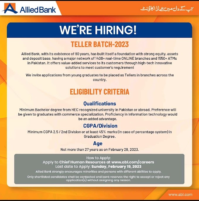 Allied Bank Limited Latest job for the post of Tellers