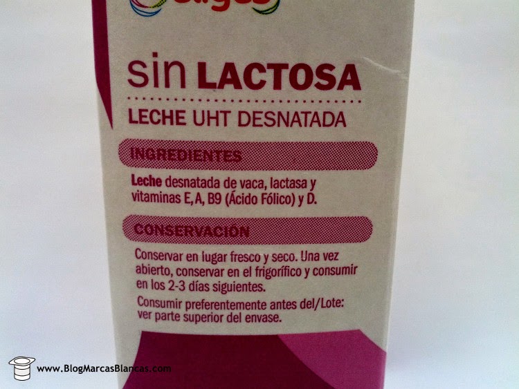 Ingredientes de la Leche desnatada sin lactosa IFA ELIGES envasada por Leche Puleva.