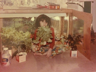 Girl in front of light-box with lettuces and other plants