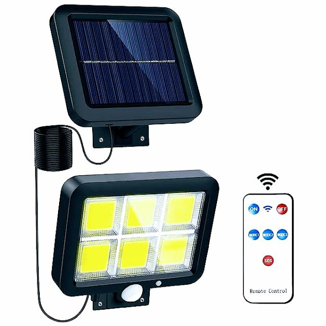 Solar Motion Sensor Light Outdoor 120 Bright COB White LED Light, 16.4Ft Cable, 3 Lighting Modes, Adjustable Solar Panel.