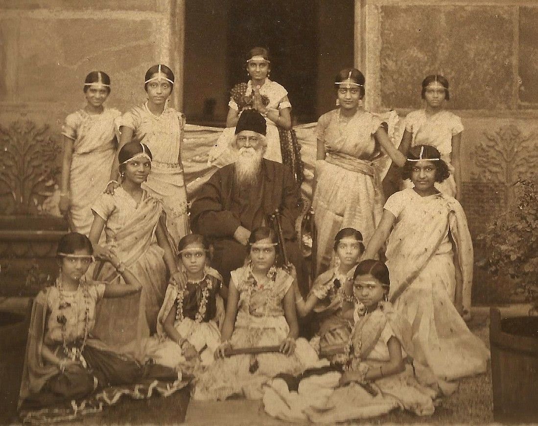 Rabindranath Tagore with Group of Girls in Costume for a Drama Performance 
