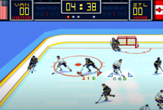 Shows American and Canada flag plus 0 score and hockey players in different colours