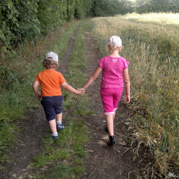 Top Ender and Big Boy holding hands walking home from our Fun Family Picnic in the Summer Holidays