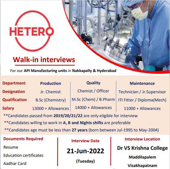 Job Available's for Hetero Walk-In Interview for Fresher’s & Experienced/ BSc Chemistry/ MSc/ B Pharma/ ITI Fitter/ Diploma Mechanical