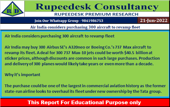 Air India considers purchasing 300 aircraft to revamp fleet - Rupeedesk Reports - 21.06.2022