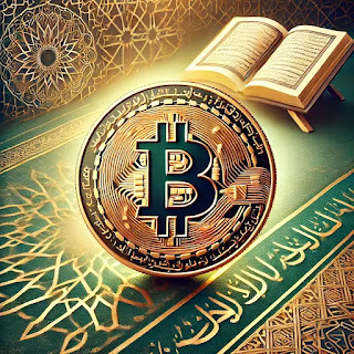 Alt Text: "بٹ کوائن اور اسلامی مالیات: ایک سنہری بٹ کوائن جس پر عربی خطاطی کندہ ہے، پس منظر میں اسلامی جیومیٹریکل ڈیزائن اور کھلی کتاب جو اسلامی فقہ کی علامت ہے۔"