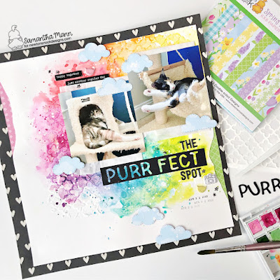 The Purr-fect Spot Layout by Samantha Mann for Newton's Nook Designs, Layout, Scrapbook, Scrapbooking, Mixed Media, Watercolor, Die Cutting, Cats, Kitten,  #newtonsnook #newtonsnookdesigns #watercolor #mixedmedia #scrapbooking #scrapbooklayout #scrapbook