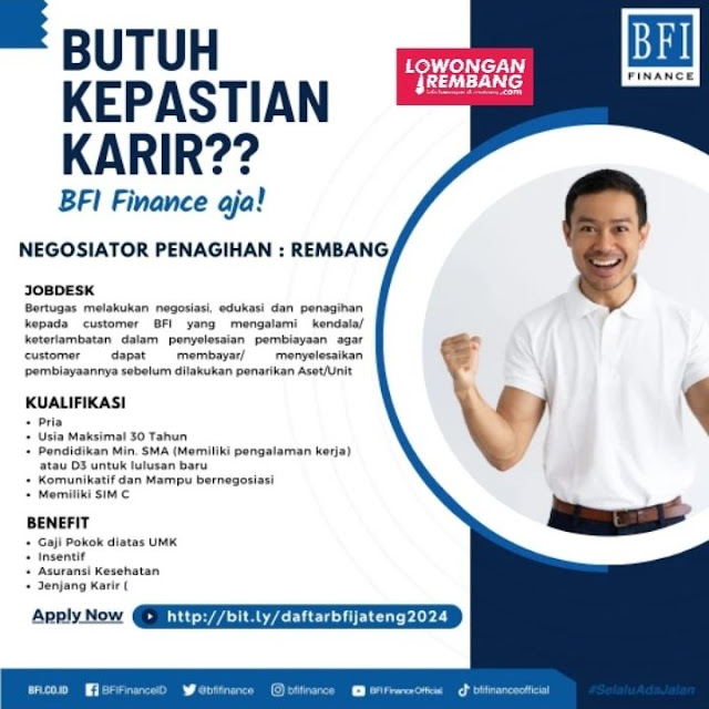 Lowongan Kerja Pegawai Negosiator Penagih PT BFI Finance Indonesia Cabang Rembang