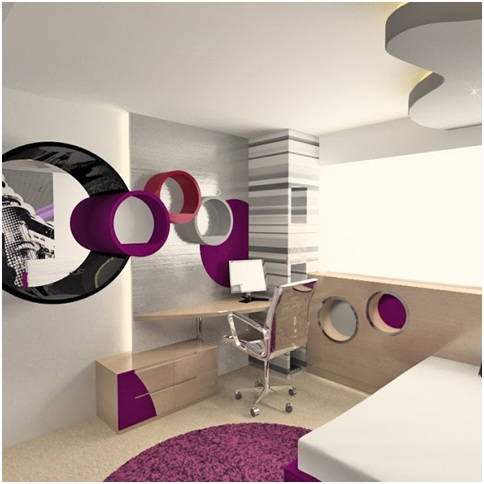 Bedroom for teenage girl who loves music. Dorm in fuchsia, white and black colors.