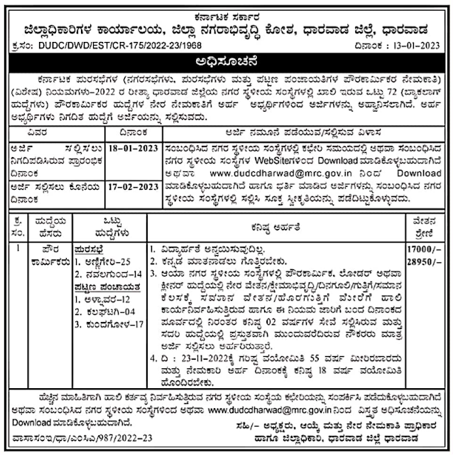 ಧಾರವಾಡ ಜಿಲ್ಲೆಯ ನಗರ ಸ್ಥಳೀಯ ( ನಗರಸಭೆ,  ಪುರಸಭೆ &  ಪಟ್ಟಣ ಪಂಚಾಯಿತಿ) ಸಂಸ್ಥೆಗಳಲ್ಲಿ 72 (ಬ್ಯಾಕ್ ಲಾಗ್) ಪೌರ ಕಾರ್ಮಿಕ ಹುದ್ದೆಗಳ ವಿಶೇಷ ನೇರ ನೇಮಕಾತಿಗೆ ಇದೀಗ ಅರ್ಜಿ ಆಹ್ವಾನಿಸಲಾಗಿದೆ | Direct Recruitment of 72 (Back Log) Civil Labor Posts in City Local (Municipal, Municipal & Town Panchayat) Institutions of Dharwad District.