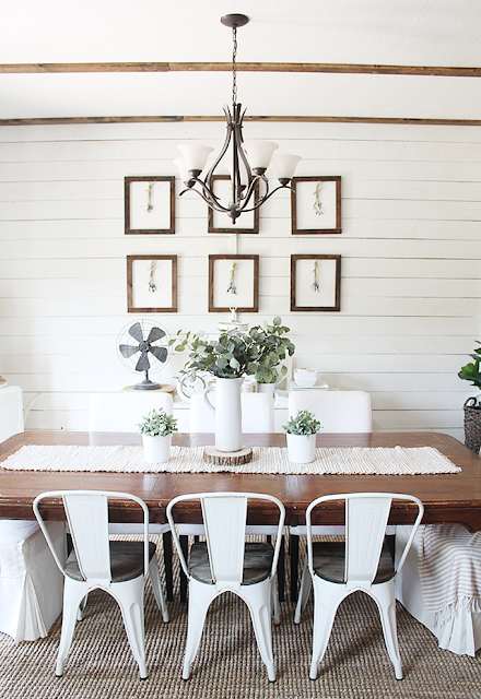 DIY faux wood beams. How to add character to your house. Farmhouse dining room decor and decorating ideas.