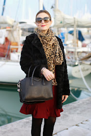 Black faux fur coat, Carven burgundy dress, leopard scarf, Givenchy Antigona bag, Fashion and Cookies, fashion blogger