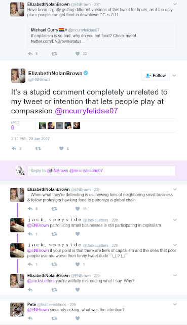 Elizabeth Nolan Brown tweets replies to dishonest responses regarding hypocritical capitalism protesters.