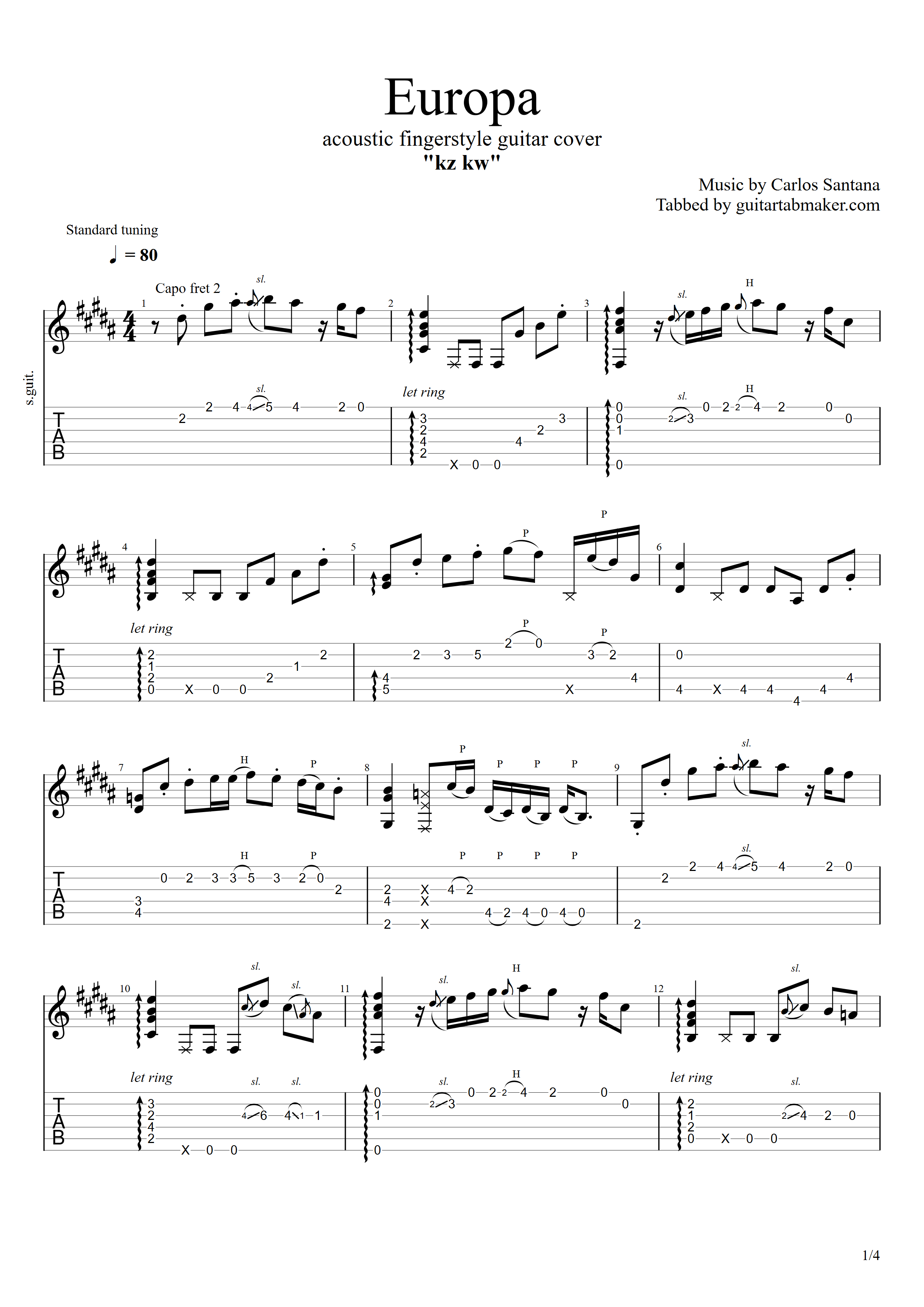 Santana Europa fingerstyle TAB