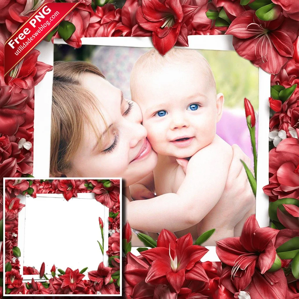 marco para fotos con flores rojas en png con fondo transparente para descargar gratis