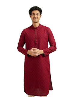 DIWAS by Manyavar Men's Maroon Red Cotton Textured Kurta | Grid Pattern Kurta with Embroidered Placket | Festive & Celebration Wear