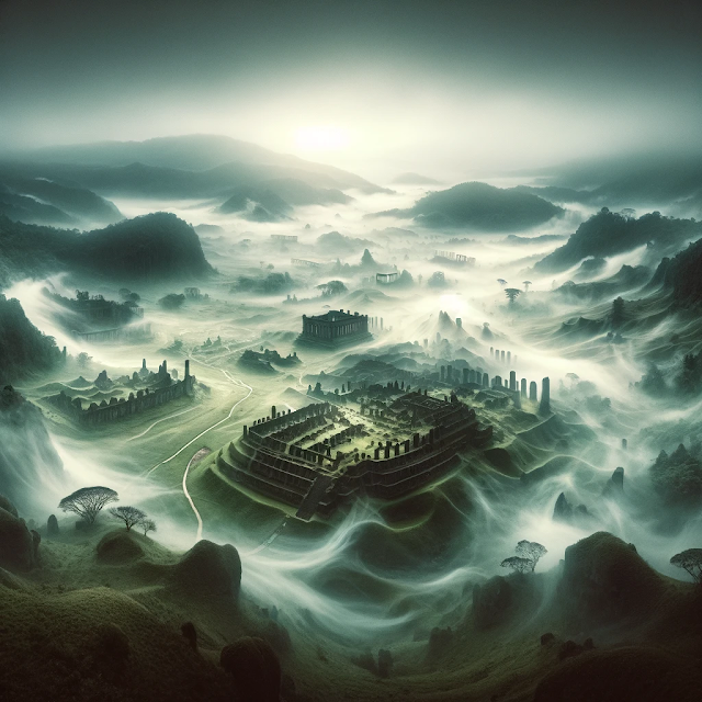 A panoramic view of Misty Vale, highlighting the thick mist enveloping the landscape, with hints of ancient ruins barely visible