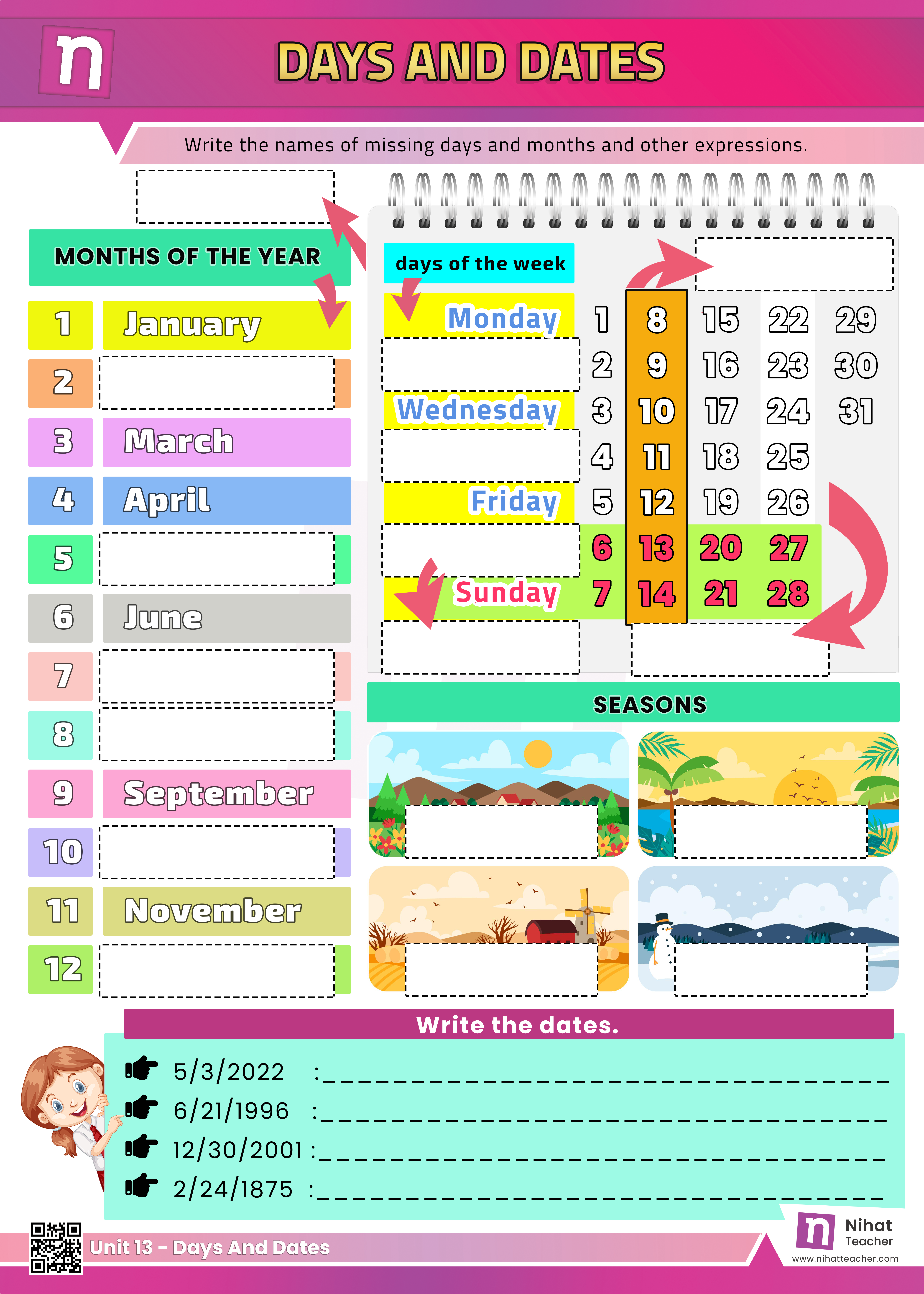 How to read dates in English?   Practise English Vocabulary. A worksheet test about days, months, seasons and dates in English.   Click here to download a printable PDF worksheet about days, months, seasons and dates in English.   Search this site to find more about days, months, seasons and dates in English.