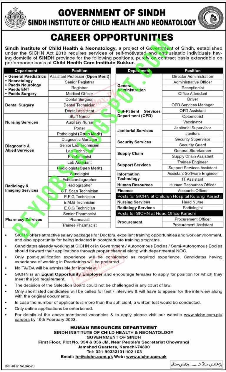 Sindh Institute of Child Health and Neonatology Department Jobs 2023 has announced 51 Different Positions for Many Candidates only for Sindh Province.