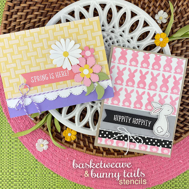 Stenciled Spring Basket and Bunny cards by Jennifer Jackson | Basketweave Stencil, Flower Trio Die Set, Bunny Tails Stencil and Bitty Bunnies Stamp Set by Newton's Nook Designs