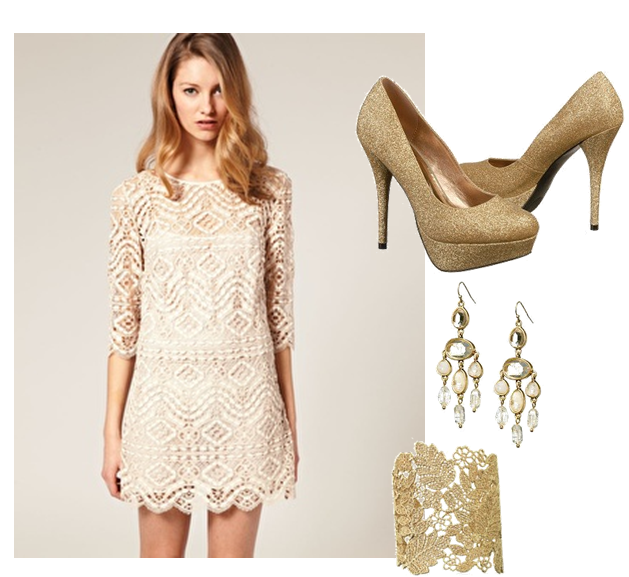 White Lace Sparkle White Lace Dress from ASOS Gold Pumps from Sizzle 