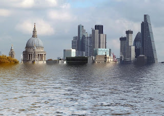 An image of London's St Paul's Cathedral towering over the city's flooded harbour.