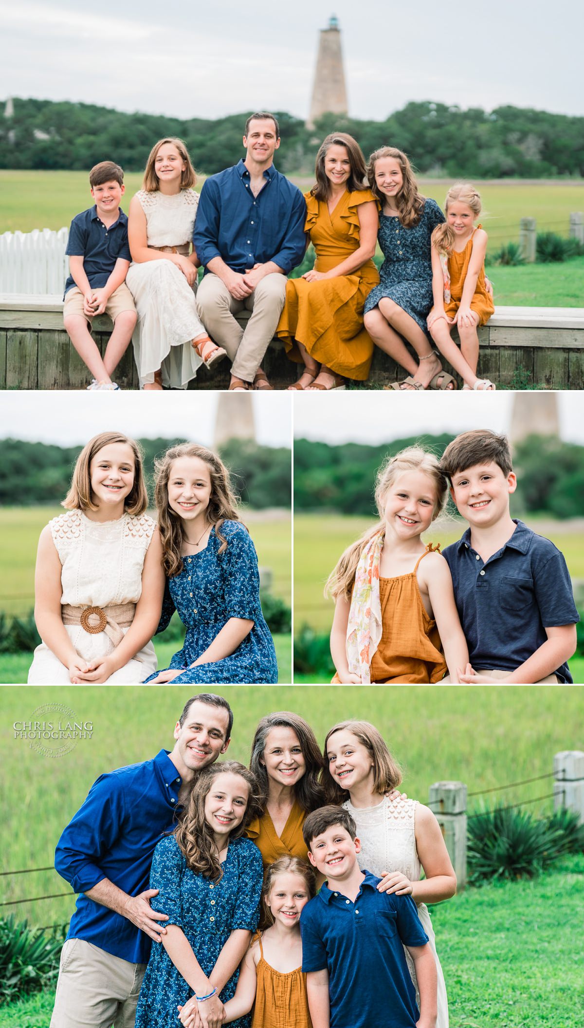 Family photos in front of the ocean marsh and old baldy lighthouse - bald head island family photography - bhi photographers - old baldy lighthouse -  beach photo  - family photo session - chris lang photography