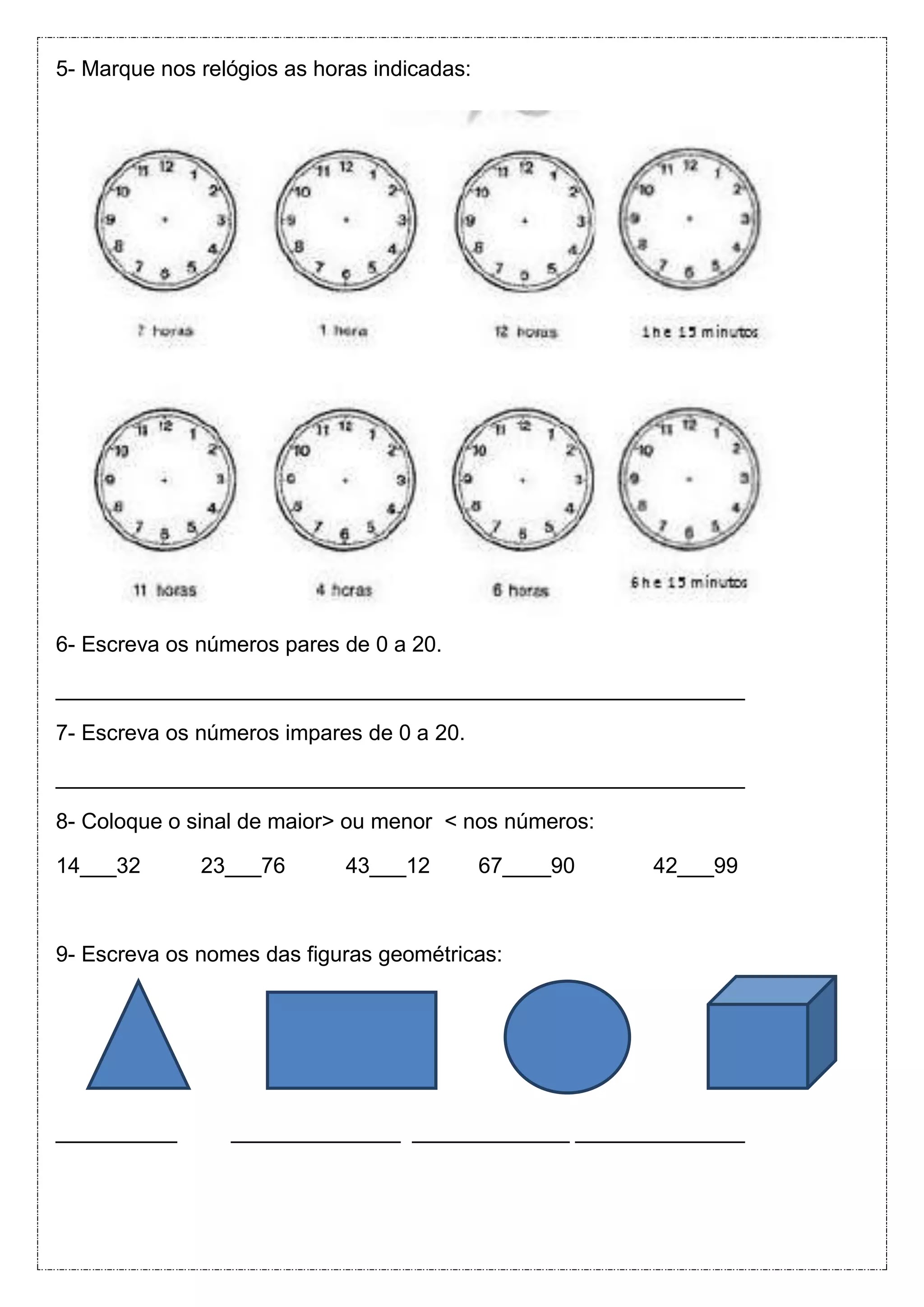 Avaliação de Matemática para o 3º ano / 2º Bimestre