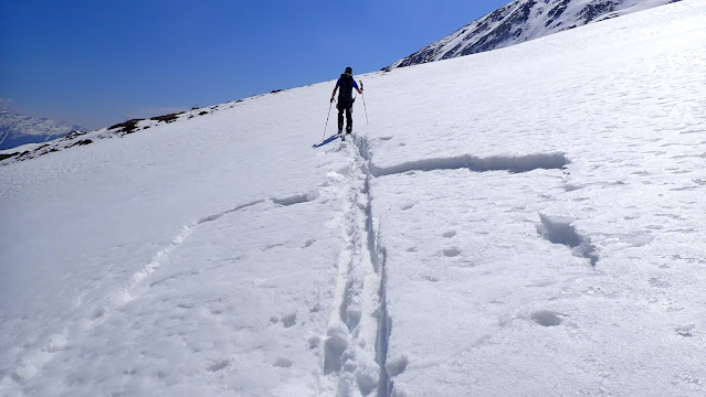 Assestamento del manto nevoso inumidito sotto Cima Arunda, 2350 m. (Foto: Servizio prevenzione valanghe Alto Adige, 14.04.2022)