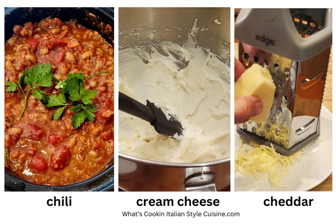 chili, whipped cream cheese and shredded cheddar collage of photos