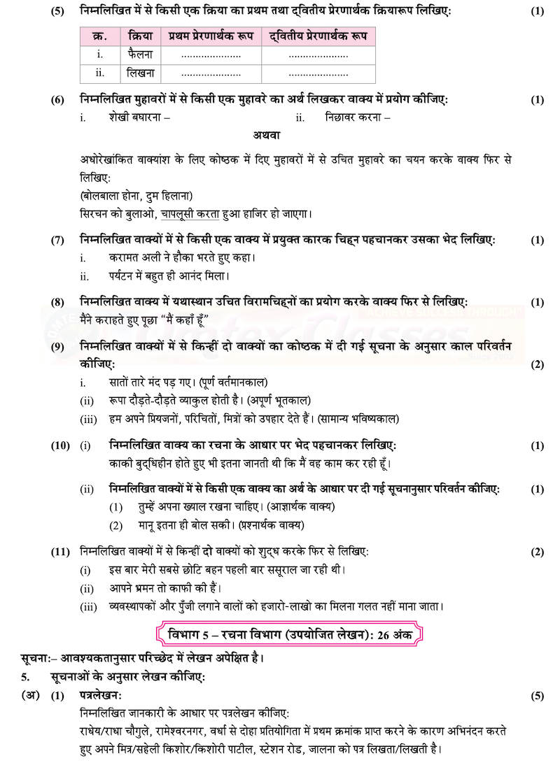 SSC Hindi Question Paper 2020 - March - English Medium - Std 10th Maharashtra Board