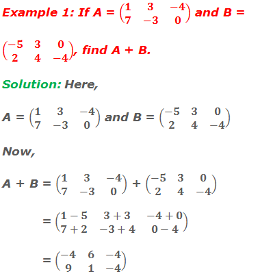 Example 1: If A = (■(1&3&-4@7&-3&0)) and B = (■(-5&3&0@2&4&-4)), find A + B. Solution: Here, A = (■(1&3&-4@7&-3&0)) and B = (■(-5&3&0@2&4&-4)) Now, A + B = (■(1&3&-4@7&-3&0)) + (■(-5&3&0@2&4&-4))            = (■(1-5&3+3&-4+0@7+2&-3+4&0-4))            = (■(-4&6&-4@9&1&-4))