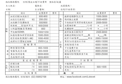 一張寵物治療的費用預估單，路加動物醫院製表