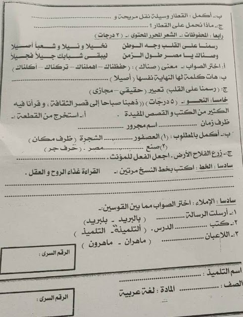 امتحانات فعلية لغة عربية للصف الرابع الإبتدائي أخر العام 2023 للتدريب 344680421_996628295103917_5497506929537430099_n
