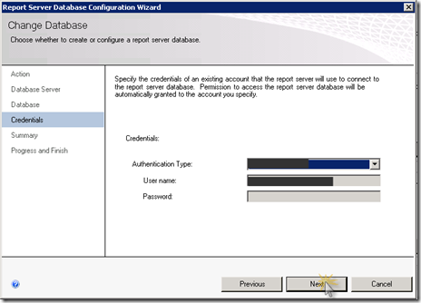 SSRSConfigureChangeDatabaseVerifyCredentials