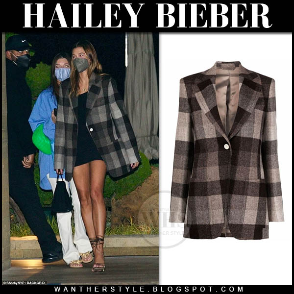Hailey Bieber in grey checked blazer, mini dress and sandals