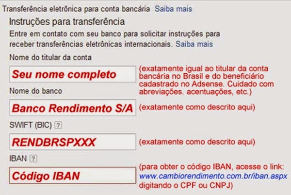 dados banco rendimento adsense