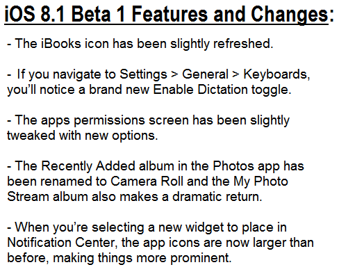 Apple iOS 8.1 Beta 1 Firmware (Build. 12B401) Features