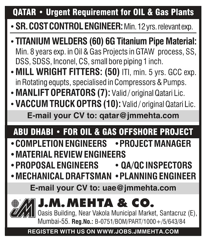 QATAR Urgent Requirement for OlL & Gas Plants