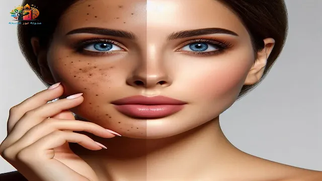 امرأة تظهر بقع داكنة على خديها قبل وبعد علاج البقع الداكنة على الخدين بشكل فعال