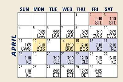 Calendar view of the Twins April Schedule