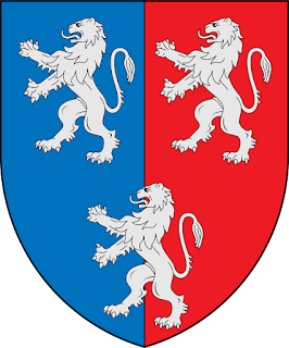 Armas de Casa de Herbert. Em inglês: Per pale Azure and Gules, three lions rampant Argent. Em português: Partido de azul e vermelho com três leões de prata, o terceiro brocante sobre a partição.